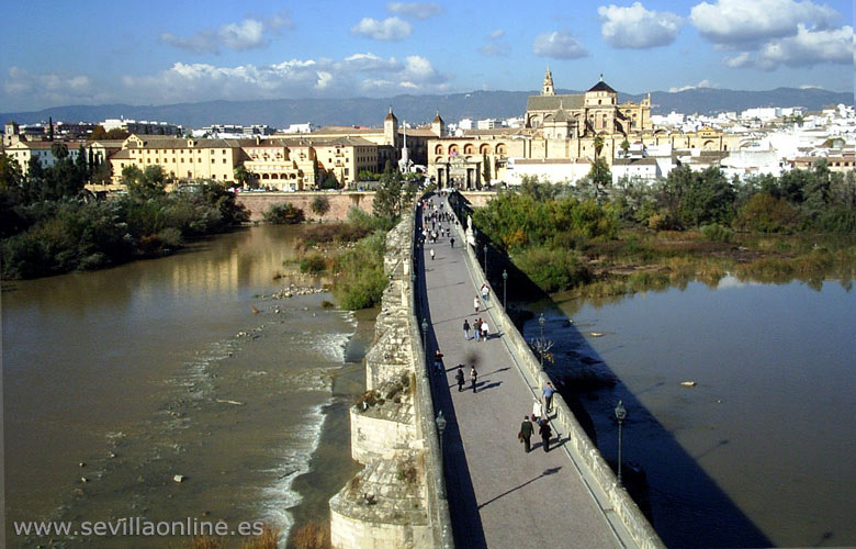 Panoramic view over Cordoba, Spain - the Roman bridge, the Mezquita (Mosque) and the old city center.
