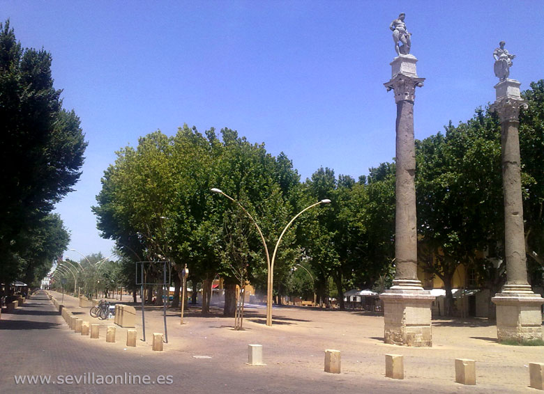 Hercules and Ceasar are crowning the roman columns on the center (south) side of the Alameda in Seville - Andalusia, Spain.