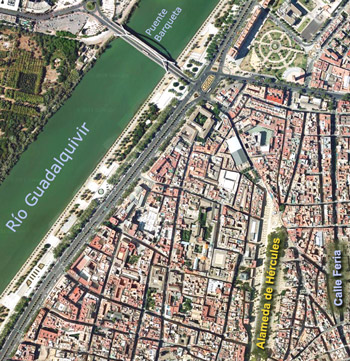 Satellite photo of the Alameda district for orientation, Seville 