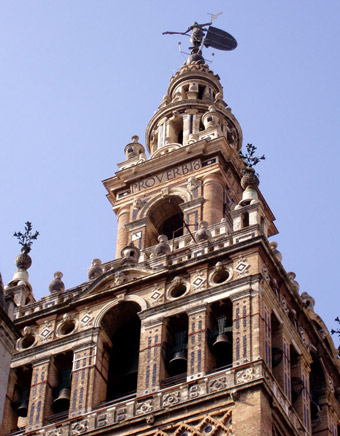 Close up of the bell tower of the Giralda in Seville, Spain.